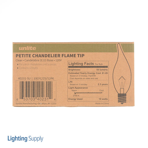 Sunlite 10CFC/25/12PK 10W Incandescent Flame Bulb 55Lm Warm White 2600 Candelabra E12 Base (40231-SU)