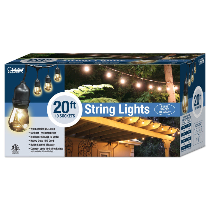 Feit Electric 20 Foot Weatherproof String Lights 10 Sockets 2 Foot Apart 12 Incandescent Bulbs Included (72034)
