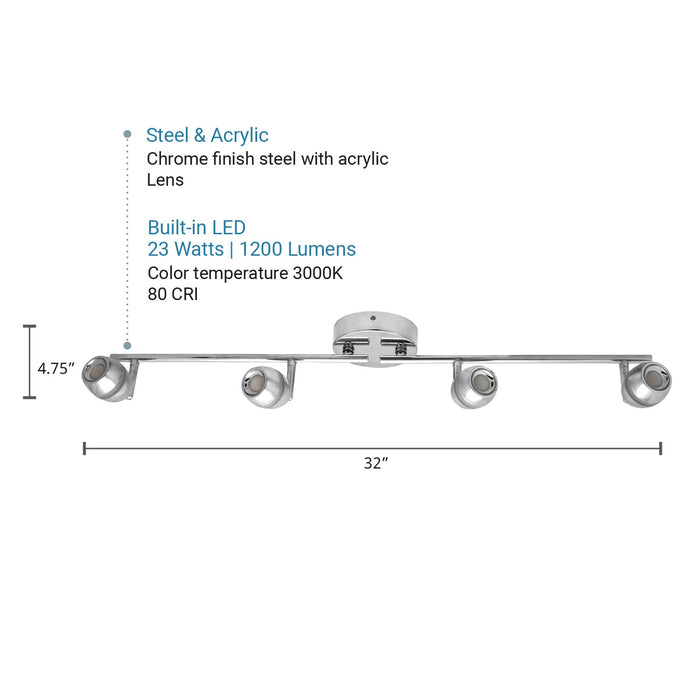 Sunlite 32 Inch LED Adjustable Track Light Fixture 4 Head 120V 3000K Dimmable Chrome (81146-SU)