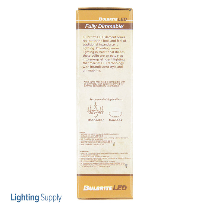 Bulbrite LED2CA10/27K/FIL/E12/3 2.5W LED CA10 2700K Filament E12 Fully Compatible Dimming (776858)