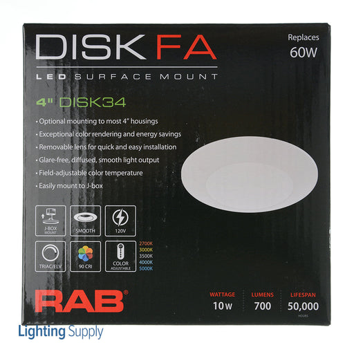 RAB 4 Inch Disk34 LED Surface Mount Disk Light 10W 700Lm 90 CRI CCT Adjustable 2700K/3000K/3500K/4000K/5000K 120V Triac Dimming Round White (DISK34-4)