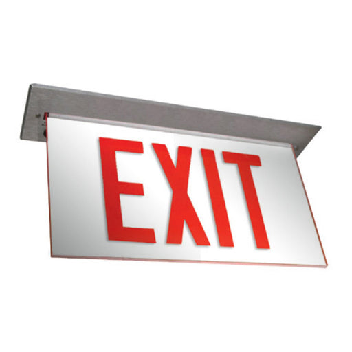 Exitronix LED Edge-Lit Exit Sign Single Face Recessed Mount Less Battery Red Letters/Mirror Panel Universal Chevrons Brushed Aluminum Finish (902E-R-LB-RM-BA)
