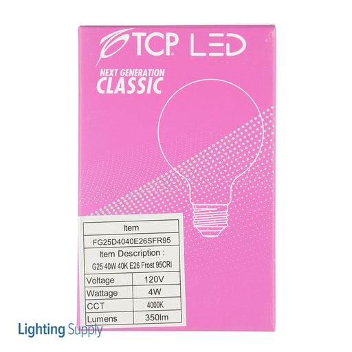 TCP LED Classic Filaments 4W G25 Dimmable 15000 Hours 40W Equivalent 4000K 350Lm E26 Base Frost 95 CRI (FG25D4040E26SFR95)