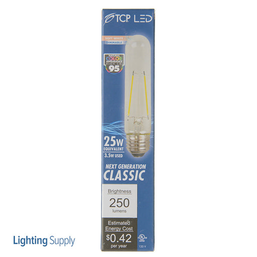 TCP LED Classic Filaments 3.5W T10 Dimmable 15000 Hours 25W Equivalent 2700K 200Lm E26 Base Clear 95 CRI (FT1005D2530E26SCL95)