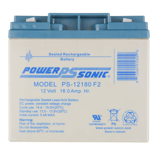 Power Sonic Battery Rechargeable Rectangular Lead Acid 12VDC 18Ah Quick Disconnect. (PS-12180-F2)