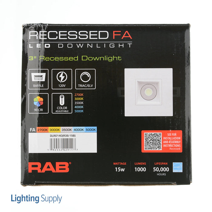 RAB 3 Inch LED Recessed Downlight 15W 90 CRI CCT Field Adjustable 2700K/3000K/3500K/4000K/5000K Triac Dimming Square White Baffle Trim (R3S-15B)