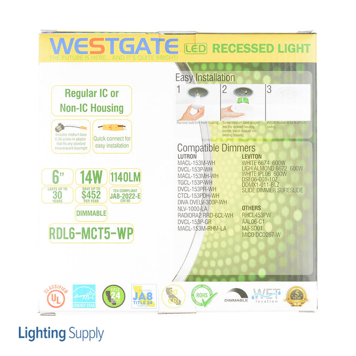 Westgate Manufacturing 6 Inch LED Downlight 14W 1140Lm Recessed Trim 2700K/3000K/3500K/4000K/5000K Wet Location UL Energy Star JA8 (RDL6-MCT5-WP)