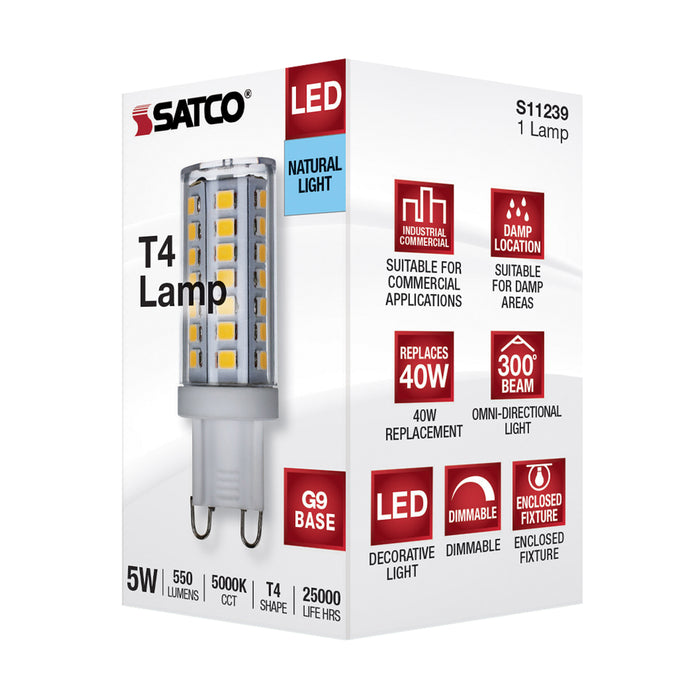 SATCO/NUVO 5W LED G9 Bulb T4 Shape 5000K 120V 550Lm G9 Double Loop Base Clear Dimmable (S11239)