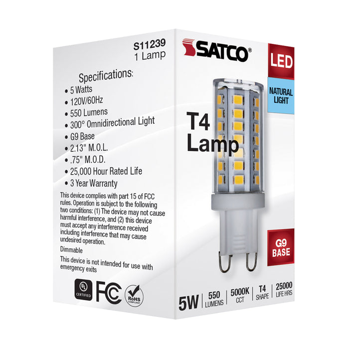 SATCO/NUVO 5W LED G9 Bulb T4 Shape 5000K 120V 550Lm G9 Double Loop Base Clear Dimmable (S11239)
