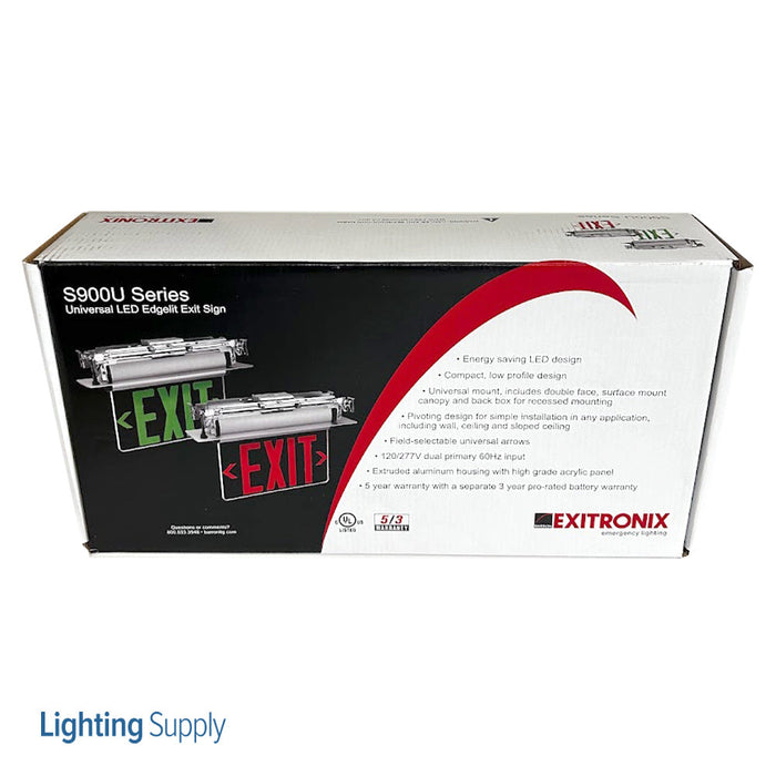 Exitronix Universal LED Edge-Lit Exit Sign Single/Double Face Red Letters NiCad Battery Surface/Recessed Mount Brushed Aluminum Finish Gray Endcaps Self-Test/Self-Diagnostics (S900U-WB-SR-R-AG-G2)