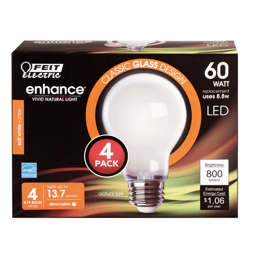 Feit Electric A19 Filament LED 60W Equivalent Non-Dimmable Clear Medium Base 800Lm 2700K Bulb 4-Pack (A1960/927CA/FIL/4)