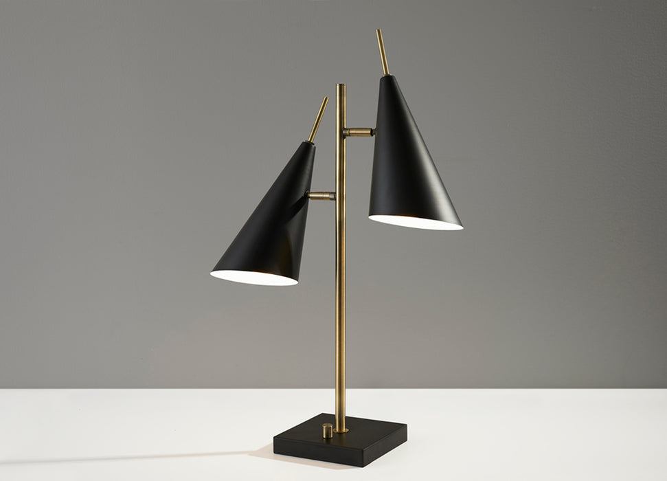 Adesso Antique Brass And Black Owen Table Lamp-Black Painted Metal Cone Shade And 62.992 Inch Black Cord And Rotary Switch On Base (3476-21)