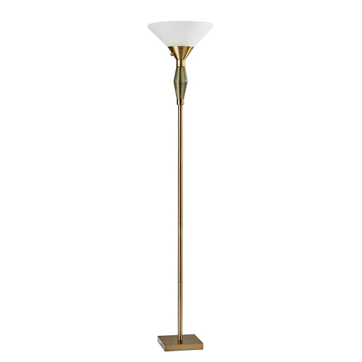 Adesso Antique Brass/Green Glass Murphy 300W Torchiere-Off-White Textured Fabric Shade Coolie Shade-60 Inch Clear Cord-Low/High/Off Rotary Switch (5168-21)