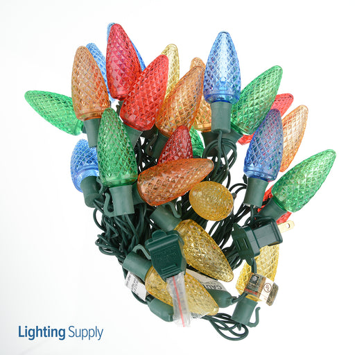 American Lighting LED C9 Light String 16.7 Foot Length 2.4W 25 LEDs Per String 8 Inch Spacing Green Wire 120V Faceted Multi Color (C9-25/8-G-MU-S)
