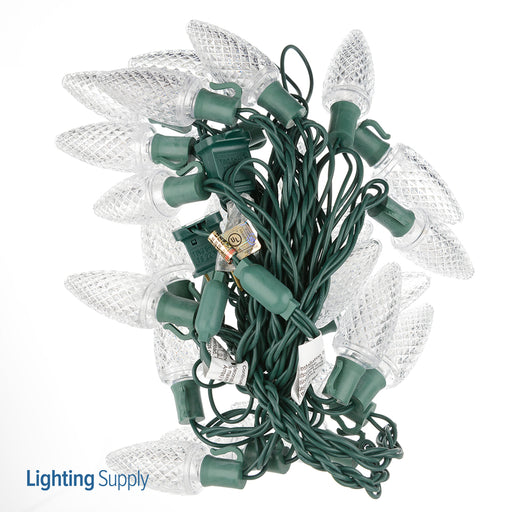 American Lighting LED C9 Light String 16.7 Foot Length 2.4W 25 LEDs Per String 8 Inch Spacing Green Wire 120V Faceted Pure White (C9-25/8-G-PW-S)