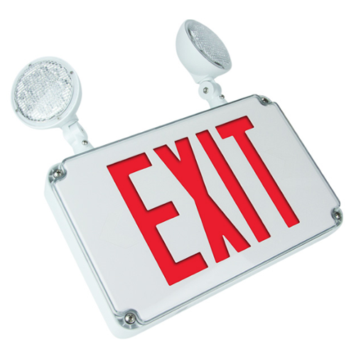 Exitronix Thermoplastic LED Exit Sign Universal Red Letters Less Battery White Enclosure With Mounting Canopy Damp Rated (VEX-U-BP-LB-WH)