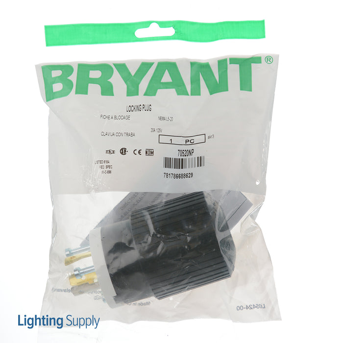 Bryant Male Nylon 20A 125V 2-Pole 3-Wire Grounding L5-20P Screw Terminal Black And White Locking Plug (70520NP)