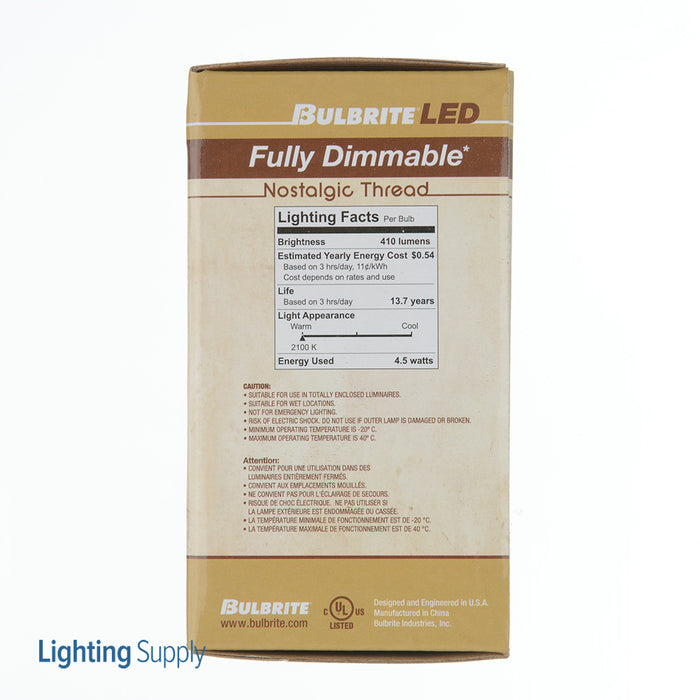 Bulbrite LED4A19/21K/FIL-NOS/3 4.5W LED A19 2100K Filament Nostalgic E26 Fully Compatible Dimming (776902)