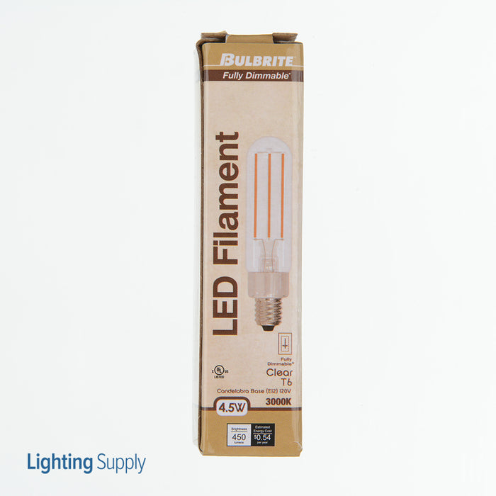 Bulbrite LED4T6/30K/FIL/3 4.5W LED T6 3000K Filament E12 Base Clear Fully Compatible Dimming (776791)