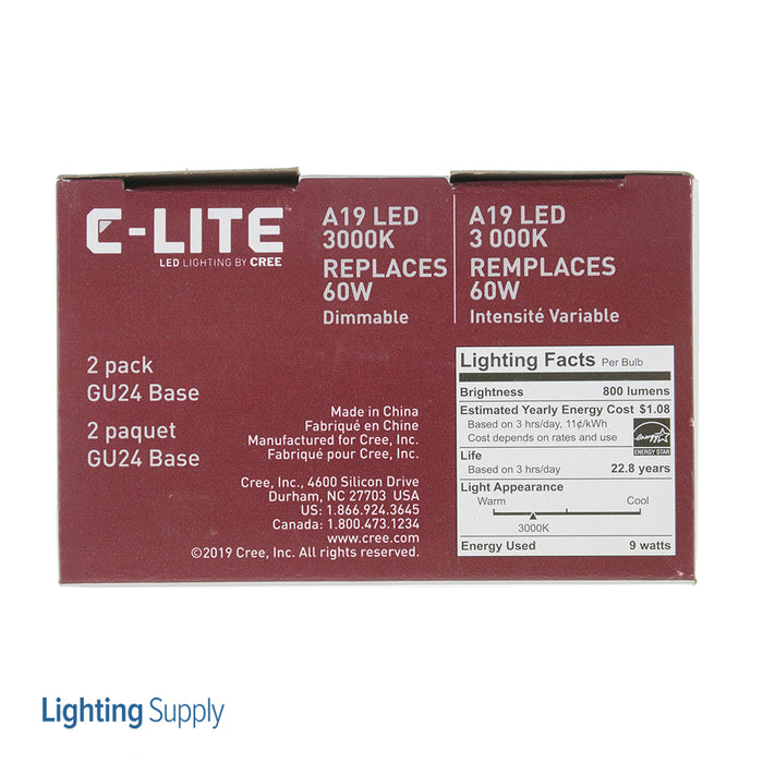 Cree C-Lite A19 60W 800Lm 3000K GU24 Dimming 2-Pack Generation 1 (C-A19-A-60W-DIM-30K-GU24-B2)