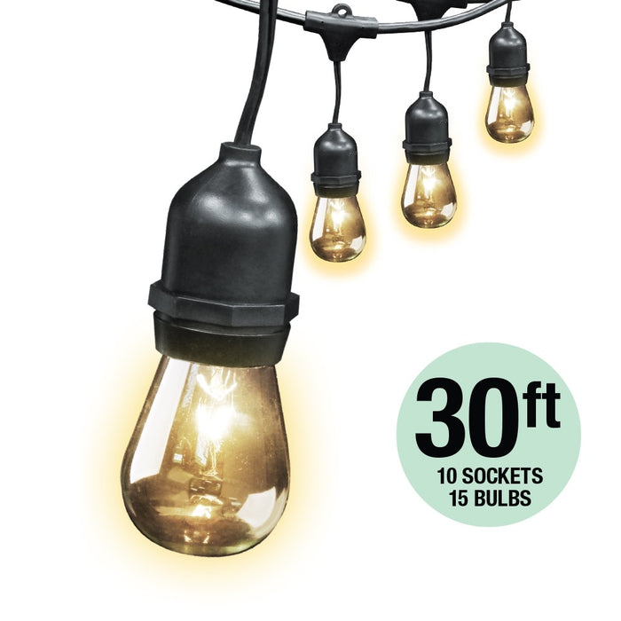Feit Electric 30 Foot Weatherproof String Lights 10 Sockets 3 Foot Apart 15 Incandescent Bulbs Included (72041)