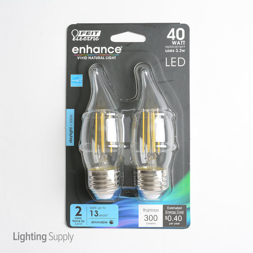 Feit Electric LED B10 40W Equivalent 300Lm Filament Clear Glass Dimmable Medium 5000K 2-Pack CEC Compliant Bulb (BPEFC40/950CA/FIL/2)