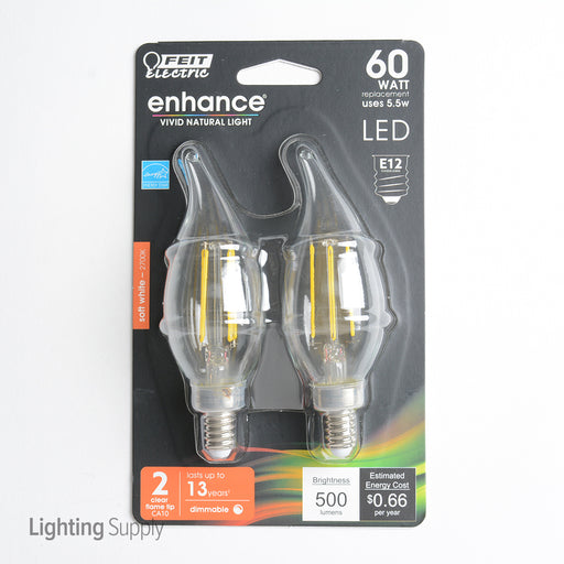 Feit Electric LED Flame Tip 60W Equivalent 500Lm Filament Clear Glass Dimmable Medium 5000K 2-Pack CEC Compliant Bulb (BPEFC60950CAFIL/2/RP)