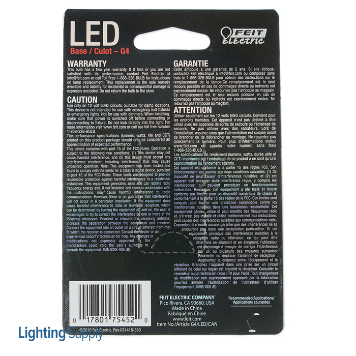 Feit Electric 2W LED Dimmable Bulb G4 Base 12V 10W Equivalent Bulb 3000K (BP10G4/830/LED)