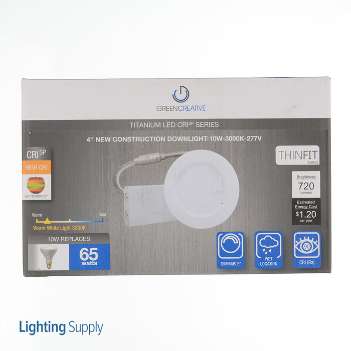 Green Creative 10NCDLR4DIM/930/277V/EXT 4 Inch New Construction 10W Thinfit EXT 277V Series JA8 High 90 CRI Wet Location 120-277V Dimmable 0-10V 3000K (98214)