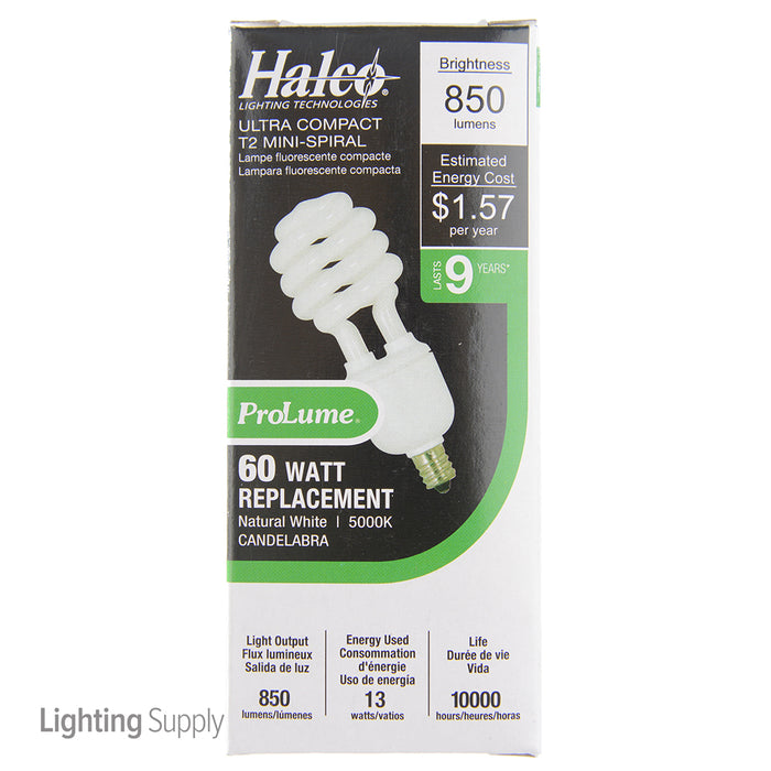 Halco CFL13/50/T2/E12 13W Compact Fluorescent T2 Spirals 5000K 120V 82 CRI Candelabra E12 Base Prolume Self-Ballasted Bulb (45059)