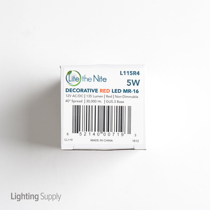 Lite The Nite 5W MR16 LED 12V AC/DC Bi-Pin GU5.3 Base Red Bulb (L115R4)