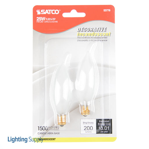 SATCO/NUVO 25CA8/F 25W CA8 Incandescent Frost 1500 Hours 200Lm Candelabra Base 120V 2 Per Card 2700K (S3778)