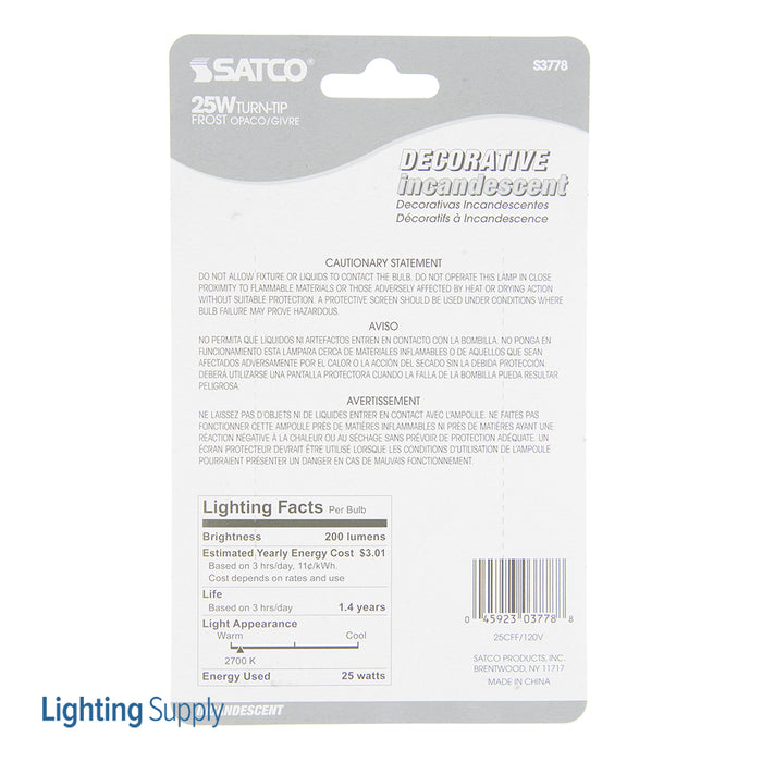 SATCO/NUVO 25CA8/F 25W CA8 Incandescent Frost 1500 Hours 200Lm Candelabra Base 120V 2 Per Card 2700K (S3778)