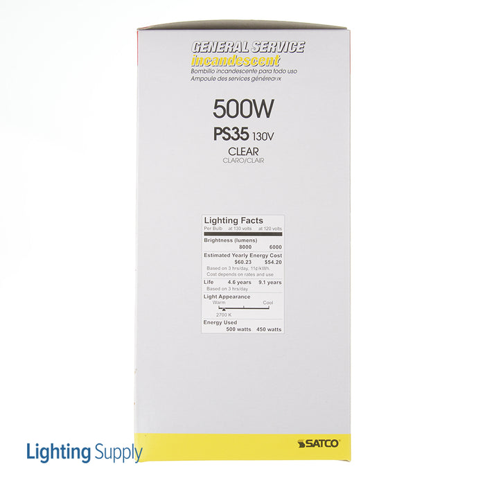 SATCO/NUVO 500PS35/CL 500W Ps35 Incandescent Clear 5000 Hours 8000Lm Mogul Base 130V 2700K (S3015)