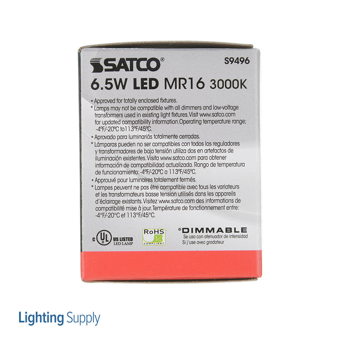 SATCO/NUVO 6.5MR16/LED/40&#039;/30K/12V 6.5W LED MR16 LED 3000K 40 Degree Beam Spread GU5.3 Base 12V AC/DC (S9496)