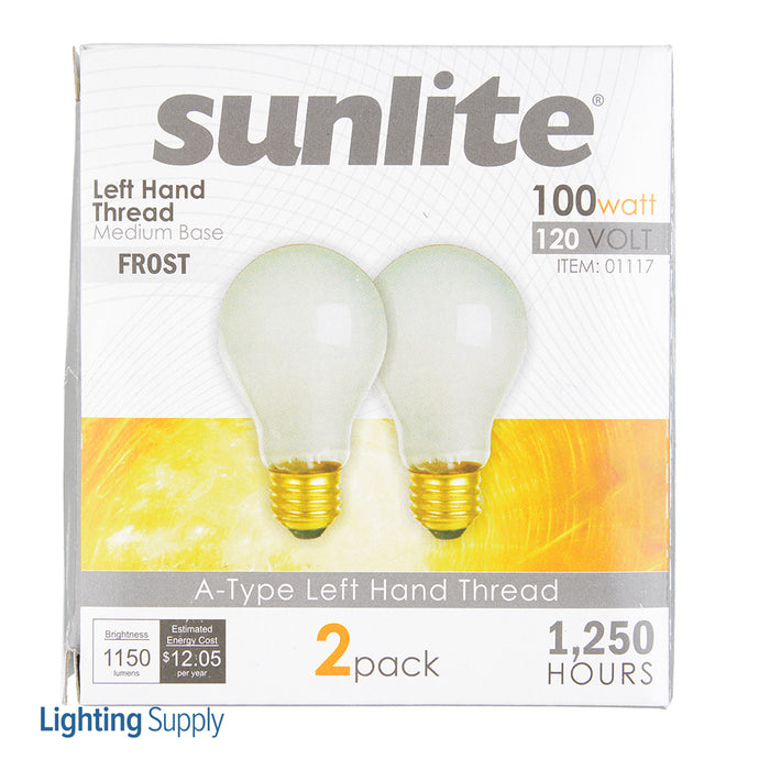 Sunlite 100A Left Hand Thread Incandescent 3200K 120V 100W 1150Lm A19 Medium E26 Dimmable 2-Pack (01117-SU)