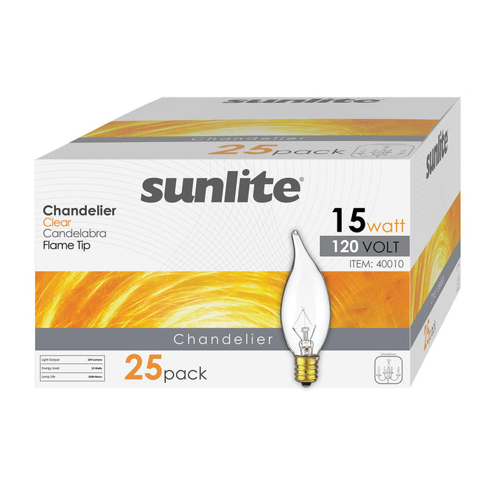 Sunlite 15CFC/25/25PK Incandescent 15W 105Lm 2600K Chandelier Lamp Candelabra E12 Base Warm White 25 Pack (40010-SU)