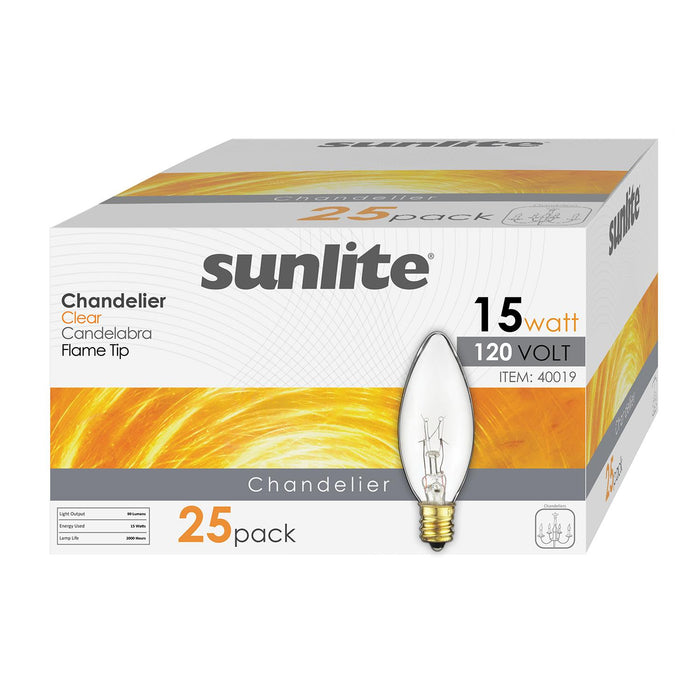 Sunlite 15CTC/25/25PK Incandescent 15W 90Lm 2600K Petite Chandelier Lamp 25 Pack (40019-SU)