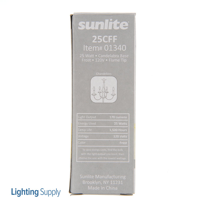 Sunlite 25CFF/32 Incandescent 3200K 120V 25W 178Lm Chandelier Flame Tip Candelabra E12 Dimmable (01340-SU)
