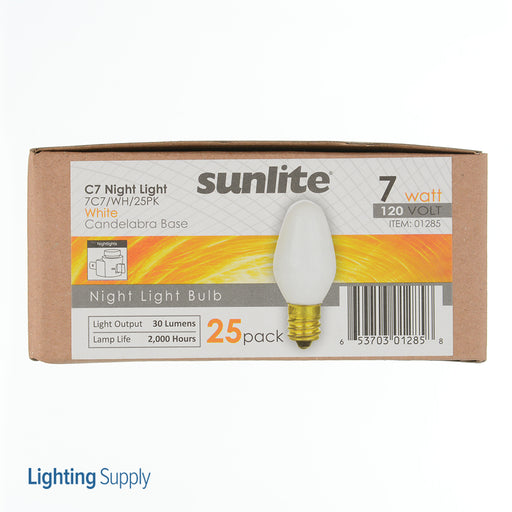 Sunlite 7C7/WH/25PK Incandescent 3200K 120V 7W 30Lm Nightlight C7 Candelabra E12 Dimmable (01285-SU)