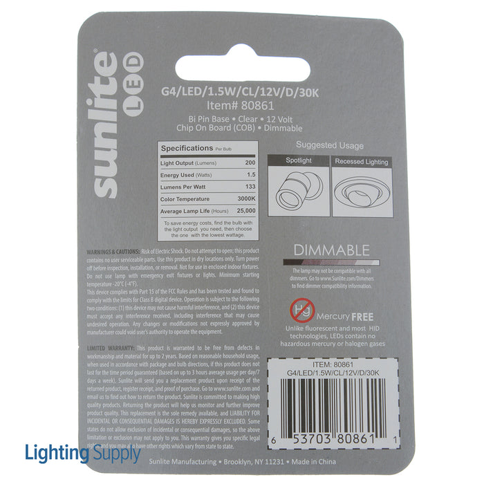 Sunlite G4/LED/1.5W/CL/12V/D/30K/CD LED 3000K 12V 1.5W 170-200Lm Bi-Pin G4 Dimmable (80861-SU)