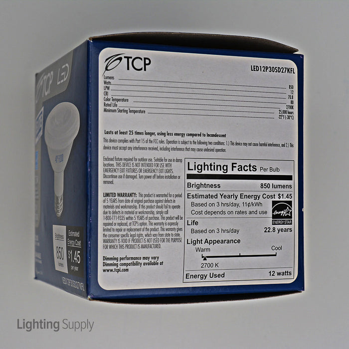 TCP 12W 2700K 120V 800Lm 82 CRI Medium E26 Base Dimmable PAR30 Short Neck LED Flood Bulb (LED12P30SD27KFL)