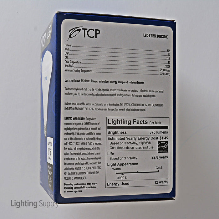 TCP 9.5W BR30 LED 3000K 120V 850Lm 80 CRI Medium E26 Base Dimmable Bulb (LED12BR30D30K)