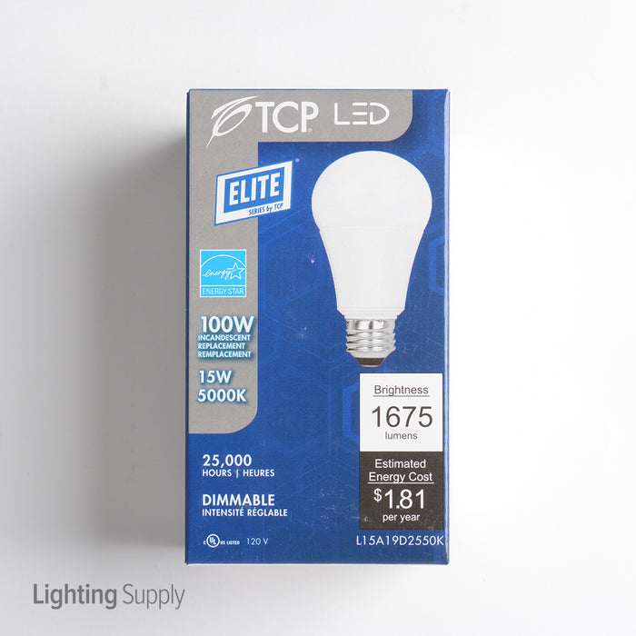 TCP 15W A19 LED 5000K 120V 1675Lm 80 CRI Medium E26 Base Omnidirectional Shatter Resistant Dimmable Bulb (L15A19D2550K)