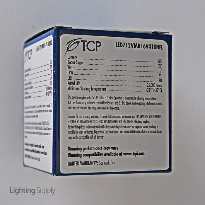 TCP 7W MR16 LED 4100K 12V 525Lm 80 CRI Bi-Pin GU5.3 Base Shatter Resistant Dimmable Narrow Flood Bulb (LED712VMR16V41KNFL)