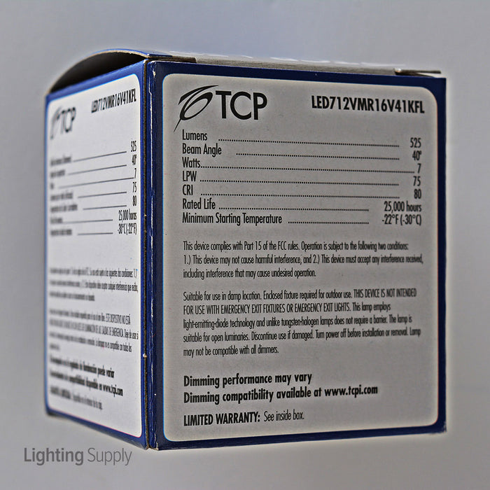 TCP 7W MR16 LED 4100K 12V 500Lm 82 CRI Bi-Pin GU5.3 Base Dimmable Flood Bulb (LED712VMR16V41KFL)