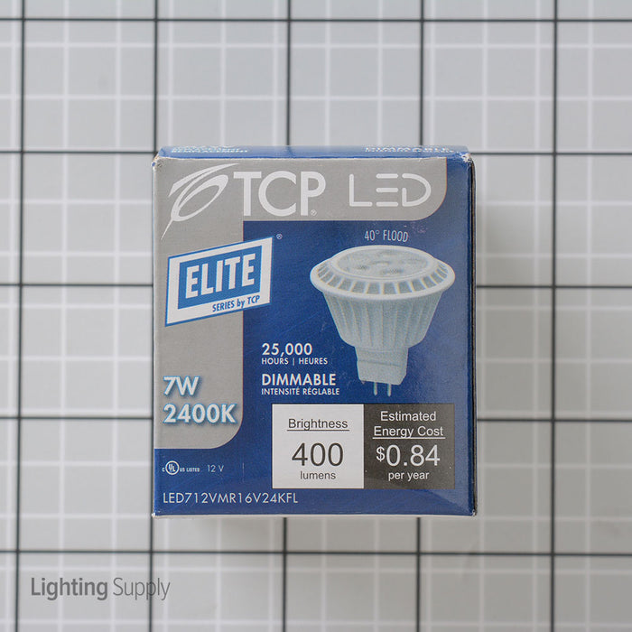 TCP 7W MR16 LED 2400K 12V 450Lm 80 CRI Bi-Pin GU5.3 Base Dimmable Shatter Resistant Flood Bulb (LED712VMR16V24KFL)