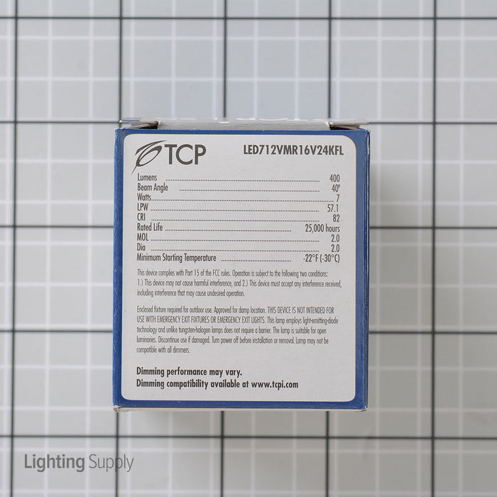 TCP 7W MR16 LED 2400K 12V 450Lm 80 CRI Bi-Pin GU5.3 Base Dimmable Shatter Resistant Flood Bulb (LED712VMR16V24KFL)