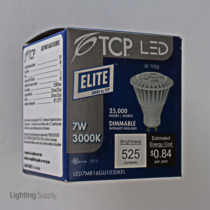 TCP 7W MR16 LED 3000K 120V 525Lm 82 CRI Twist And Lock GU10 Base Dimmable Flood Bulb (LED7MR16GU1030KFL)