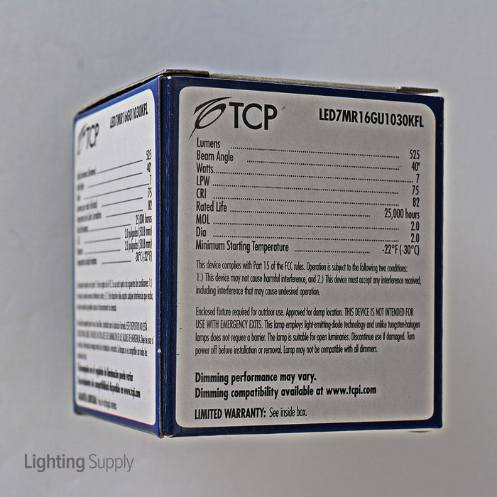 TCP 7W MR16 LED 3000K 120V 525Lm 82 CRI Twist And Lock GU10 Base Dimmable Flood Bulb (LED7MR16GU1030KFL)